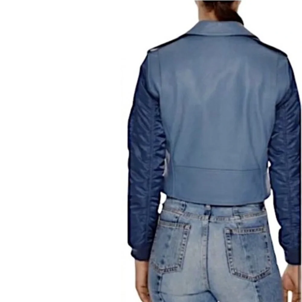 SANDRO Blue Ruched Shell-Paneled Sleeves Leather Goat Biker Jacket - Picture 6 of 16